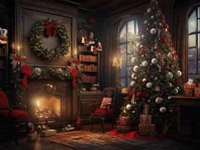 Christmas Room Decorated With Christmas Trees And A Fireplace