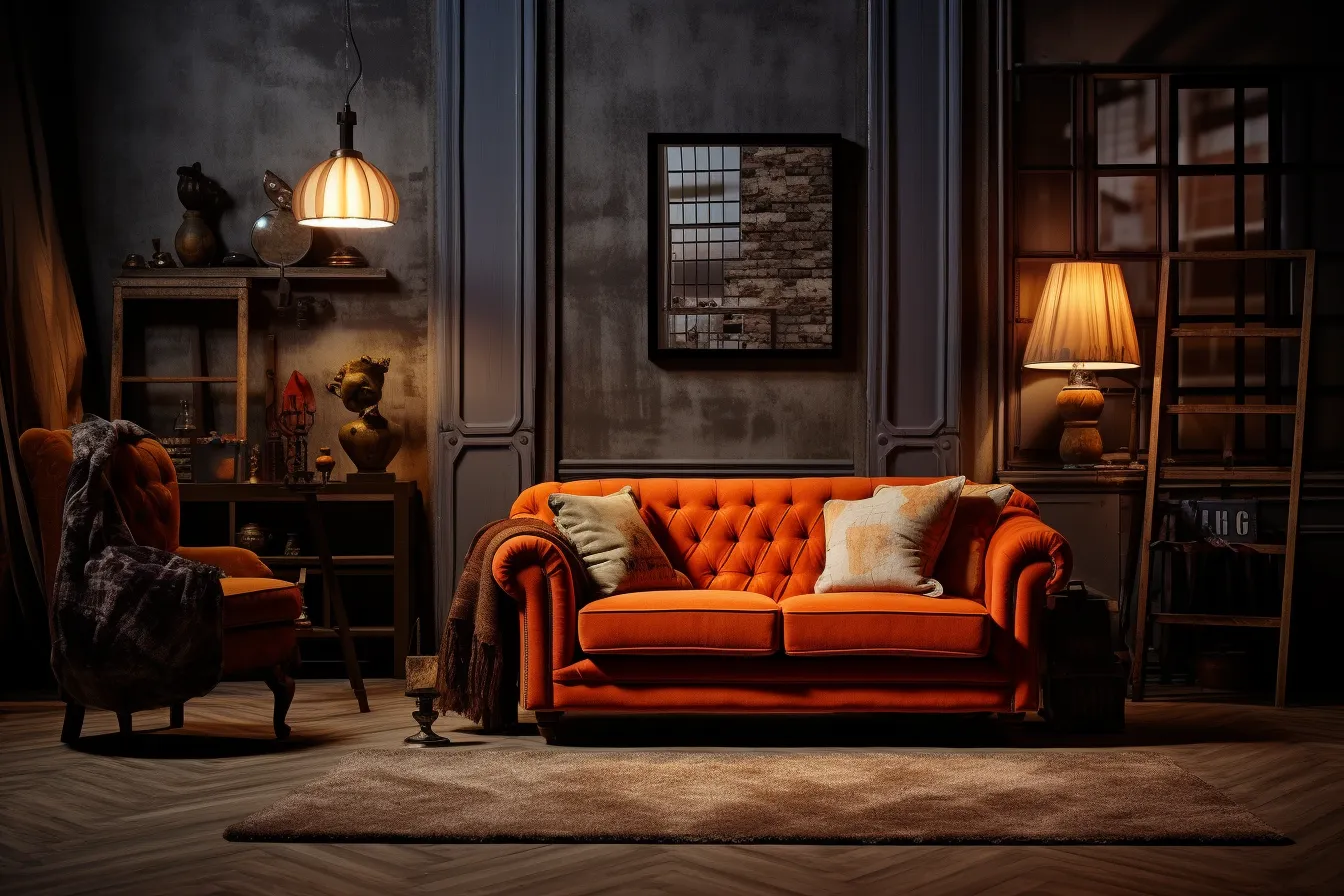 Chair in a room with an orange sofa and lamp, gothic dark and moody tones, cinematic elegance, timeless nostalgia, narrative paneling, industrial feel, luxurious interiors, high-contrast shading