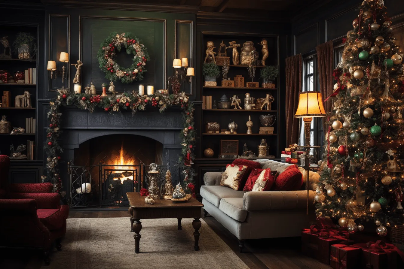 Living room decorated for christmas with christmas tree's and chairs, moody and tranquil scenes, meticulous detailing, dramatic shading, ornamental details and embellishments, cabincore, luminous quality, moody chiaroscuro lighting