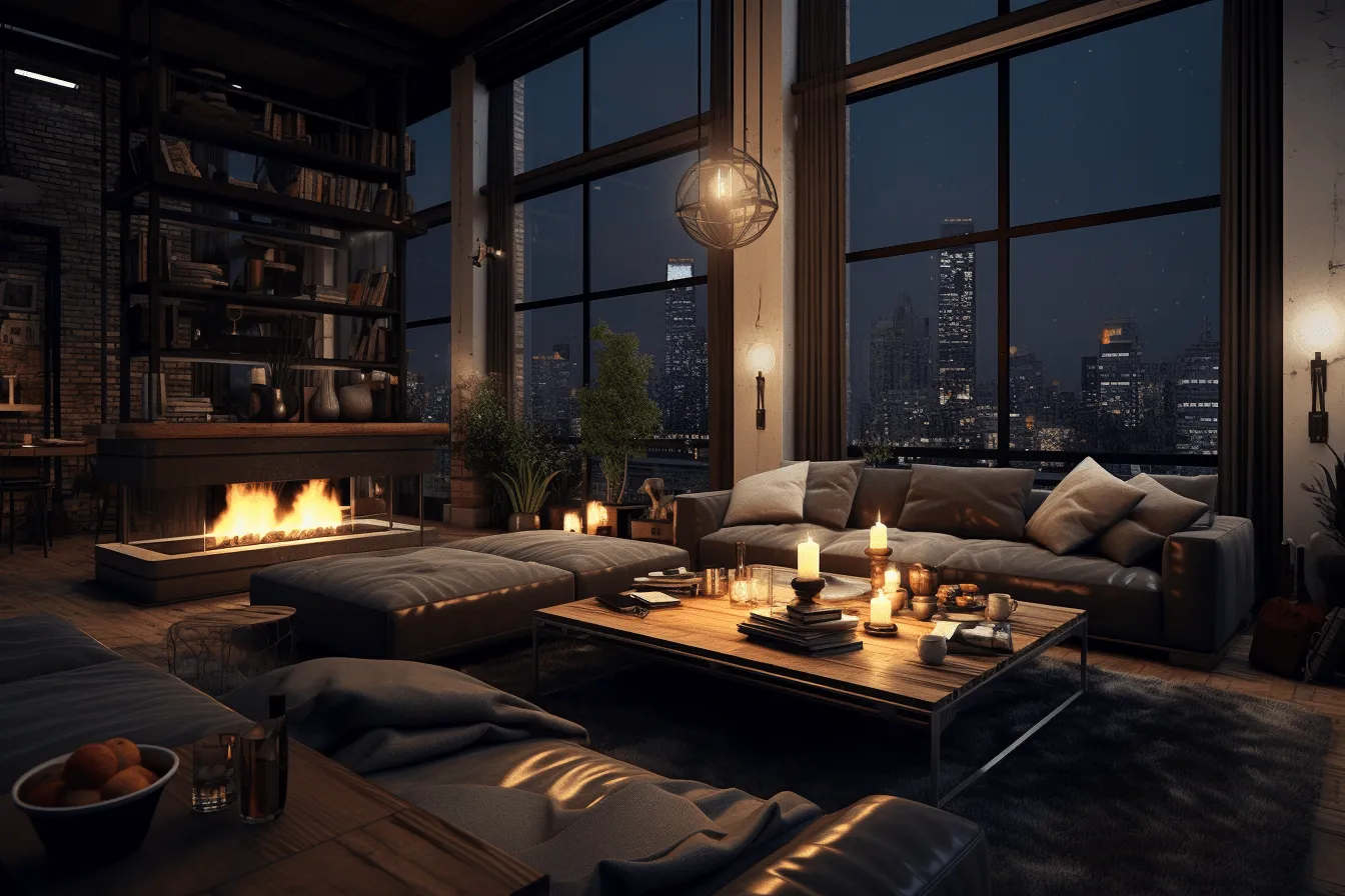 Large living room with large windows, atmospheric and moody lighting, hyper-realistic urban, cabincore, life in new york city, exotic atmosphere, warmcore, light black
