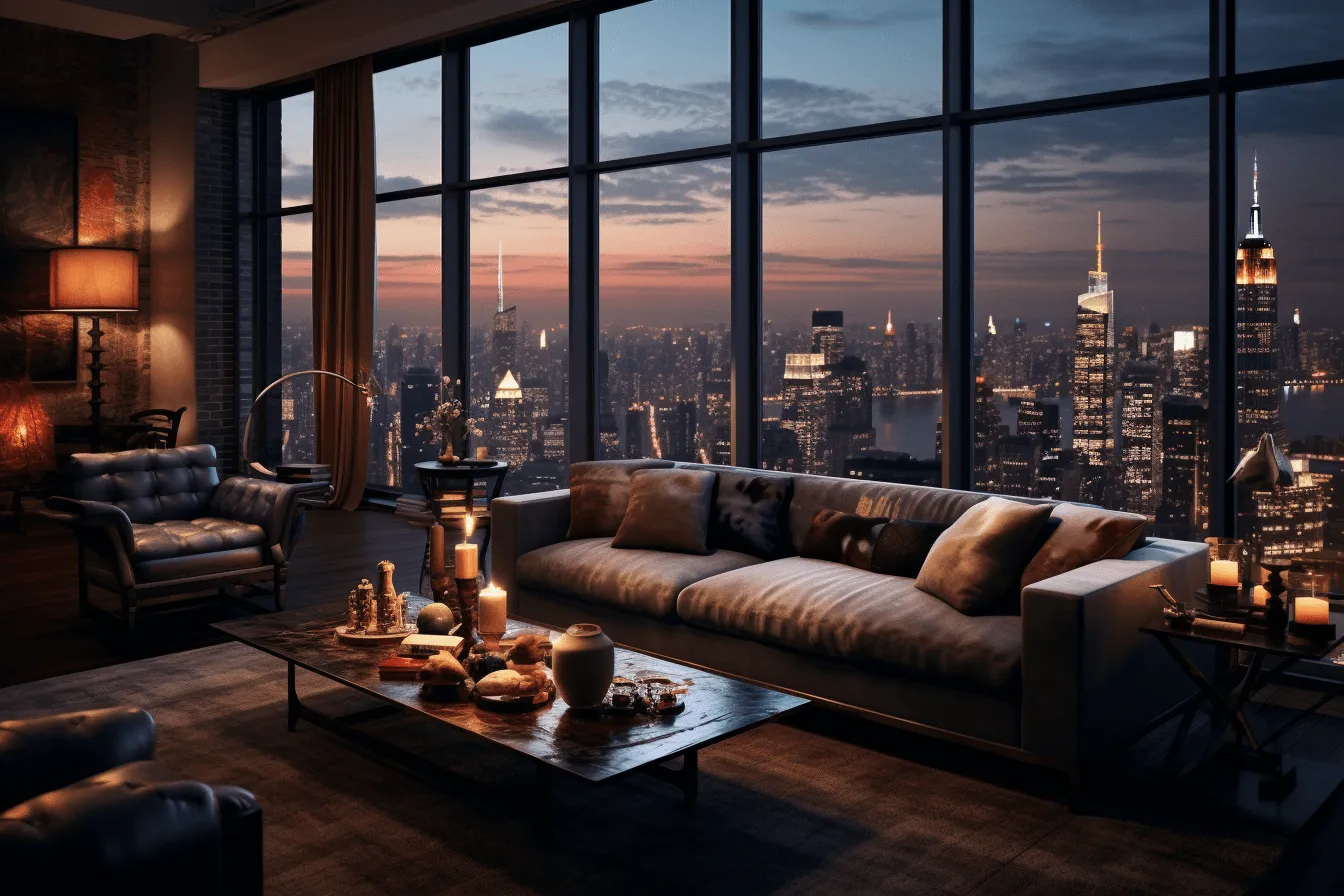 Living room with large windows overlooking the city, realistic chiaroscuro lighting, dark amber and beige, life in new york city, vray tracing, cabincore, mountainous vistas, hurufiyya