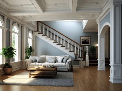 Classical Living Room In A Residential Home Has Wainscotting And Blue Walls