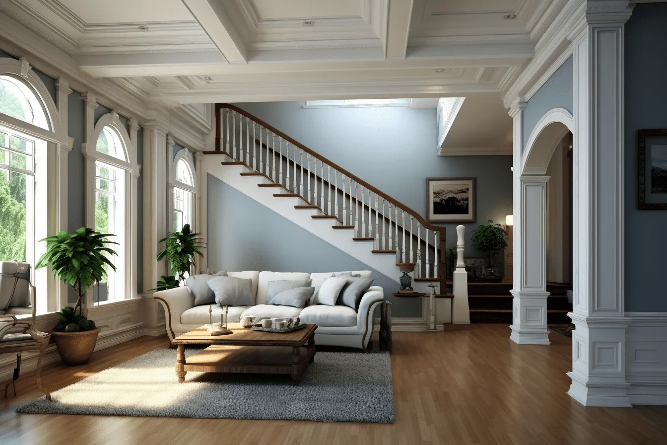 Beautiful room with blue walls and white furniture, polished craftsmanship, light gray and dark bronze, intricate woodwork, minimalist staging, realistic detailing, multi-layered, neutral color palettes