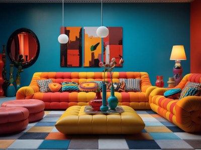 Colorful Living Room With Blue And Orange Colored Furniture