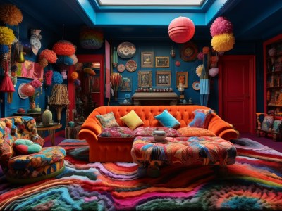 Colorful Room With Blue Walls, Orange Furniture, Colorful Rugs, Colourful Pillows