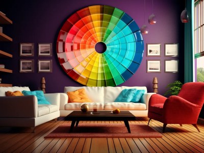 Colors Of A Rainbow  A Room With Couches, Chairs And A Colorful Wheel