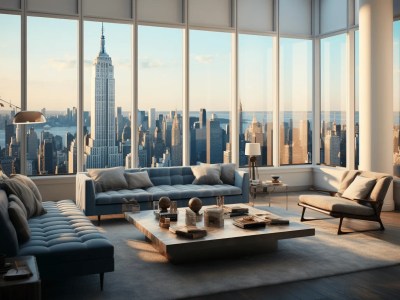 Contemporary Living Room With Large Windows Overlooking The Empire State Building