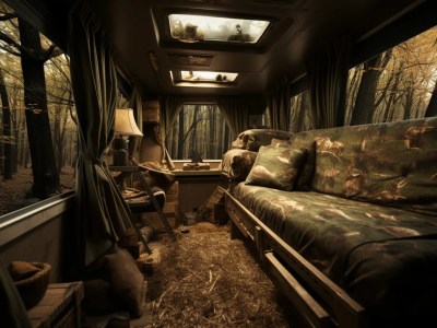 Couch In A Truck Surrounded By Birch Woods With A Camouflage Rug