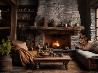 Cozy Living Room With A Big Stone Fireplace