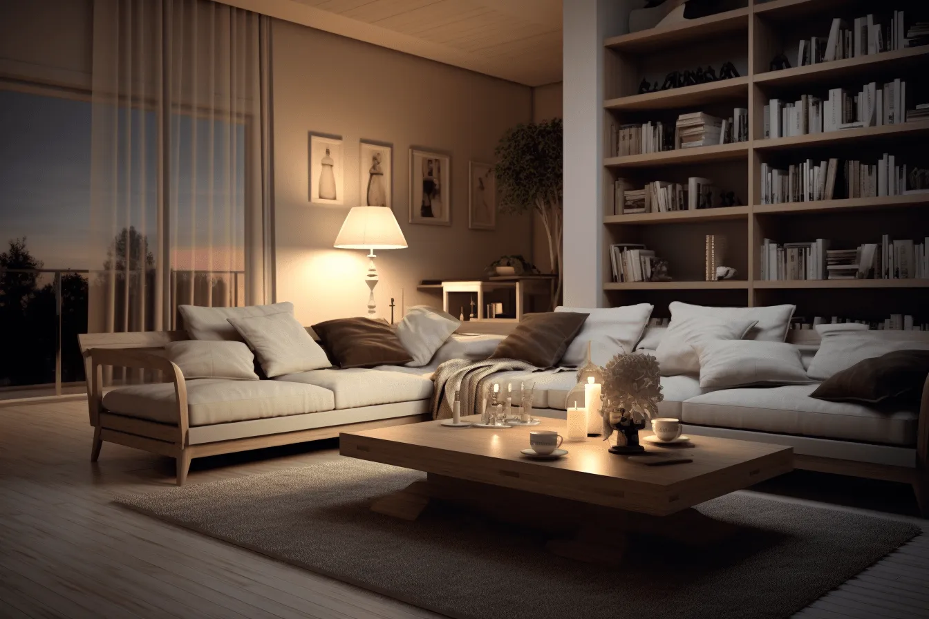 Coffee table with candles, soft renderings, realistic chiaroscuro lighting, serene and peaceful ambiance, solarizing master, layered depth, light beige and white, highly staged scenes