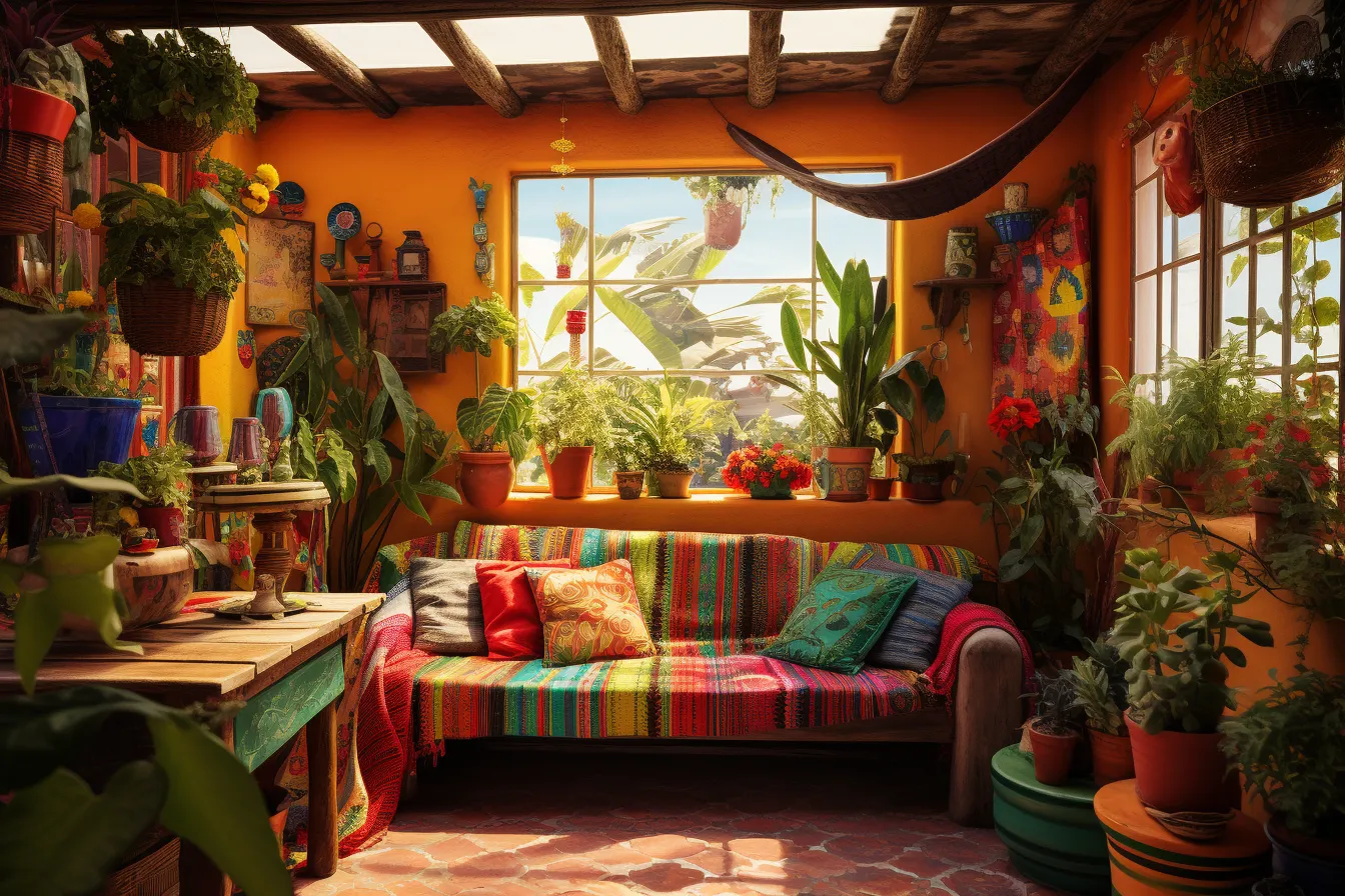 Colorful cloth couch with colorful pillows, mexican folklore-inspired, highly detailed environments, tranquil gardenscapes, uhd image, national geographic photo, vray tracing, junglepunk