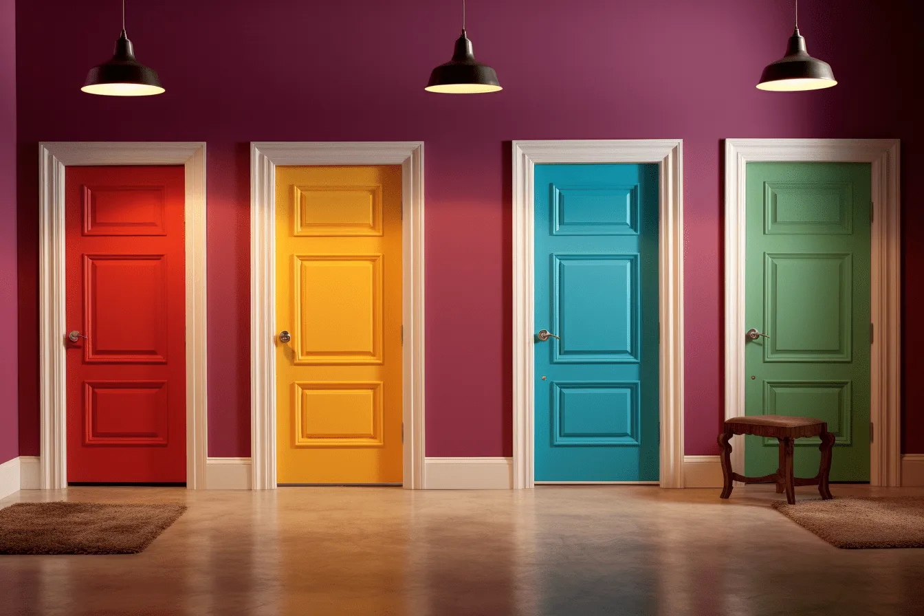Colorful doors in a brightly colored room, dark, foreboding colors, hard edge painter, vibrant colorism, realistic color schemes, restored and repurposed, matte background, traditional color scheme