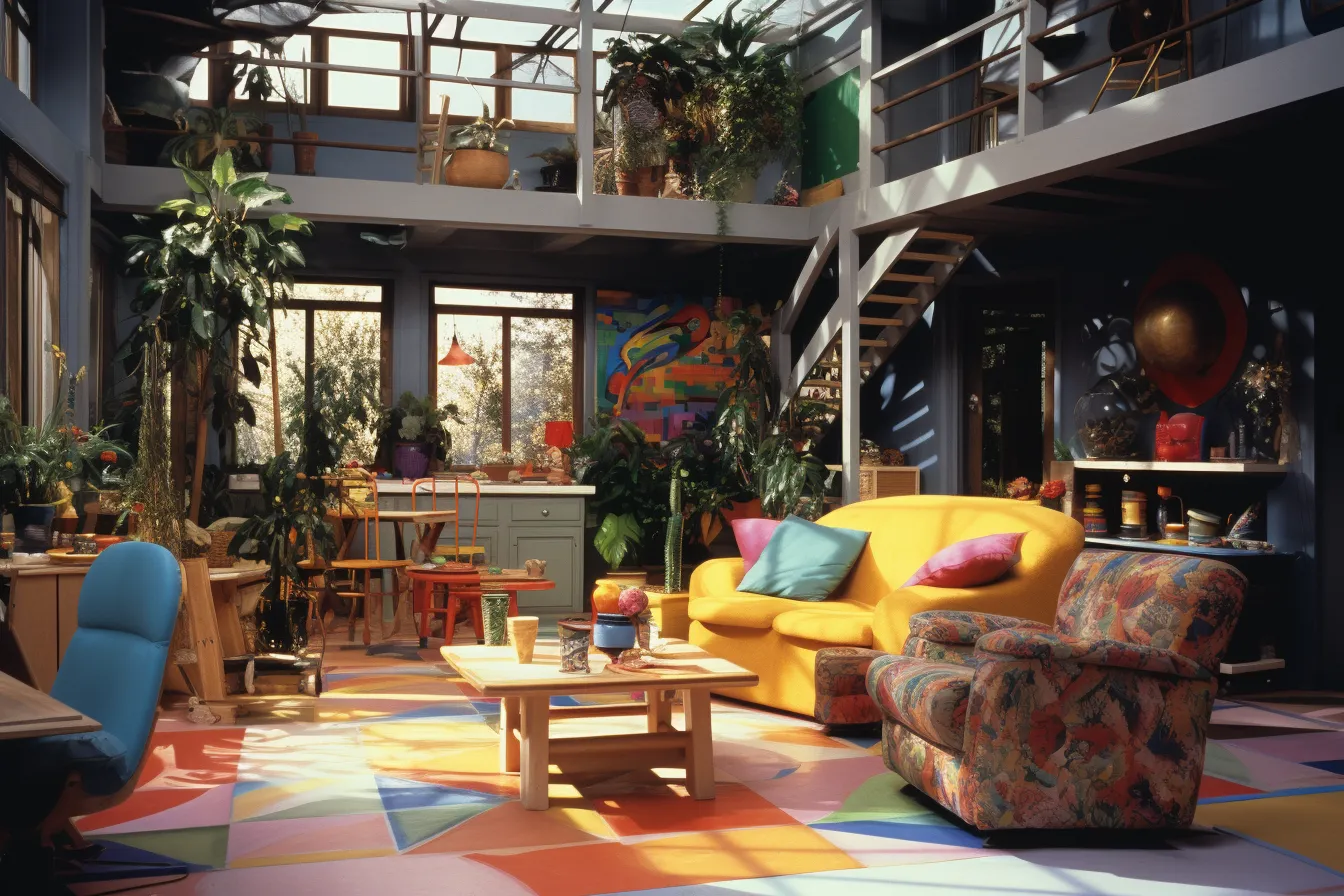 Colorful living room area, 1990s, spatialism, soggy, tangled nests, highly staged scenes