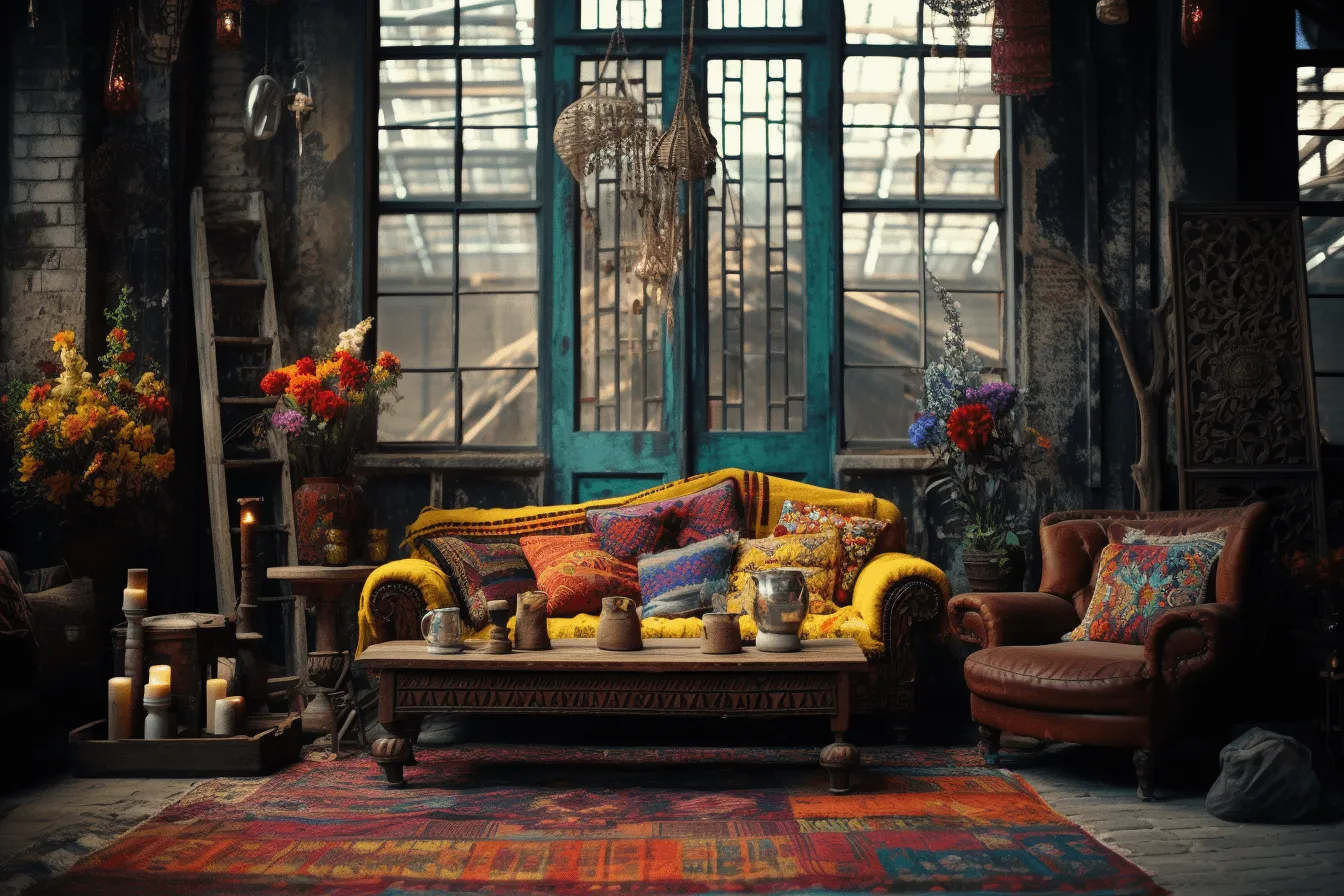 Colorful living room with a couch, pillows and candle, steampunk inspired, ethnographic influence, distressed materials, maximalism, yellow, rug, dau al set