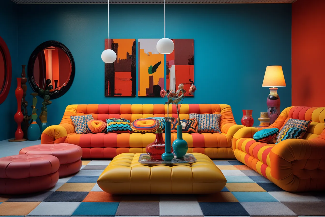 Living room filled with orange, green and blue couches, hyper-realistic pop-art fusion, rendered in cinema4d, colorful kitsch, dark cyan and maroon, colorful patchwork, playful yet sophisticated, beautiful interiors