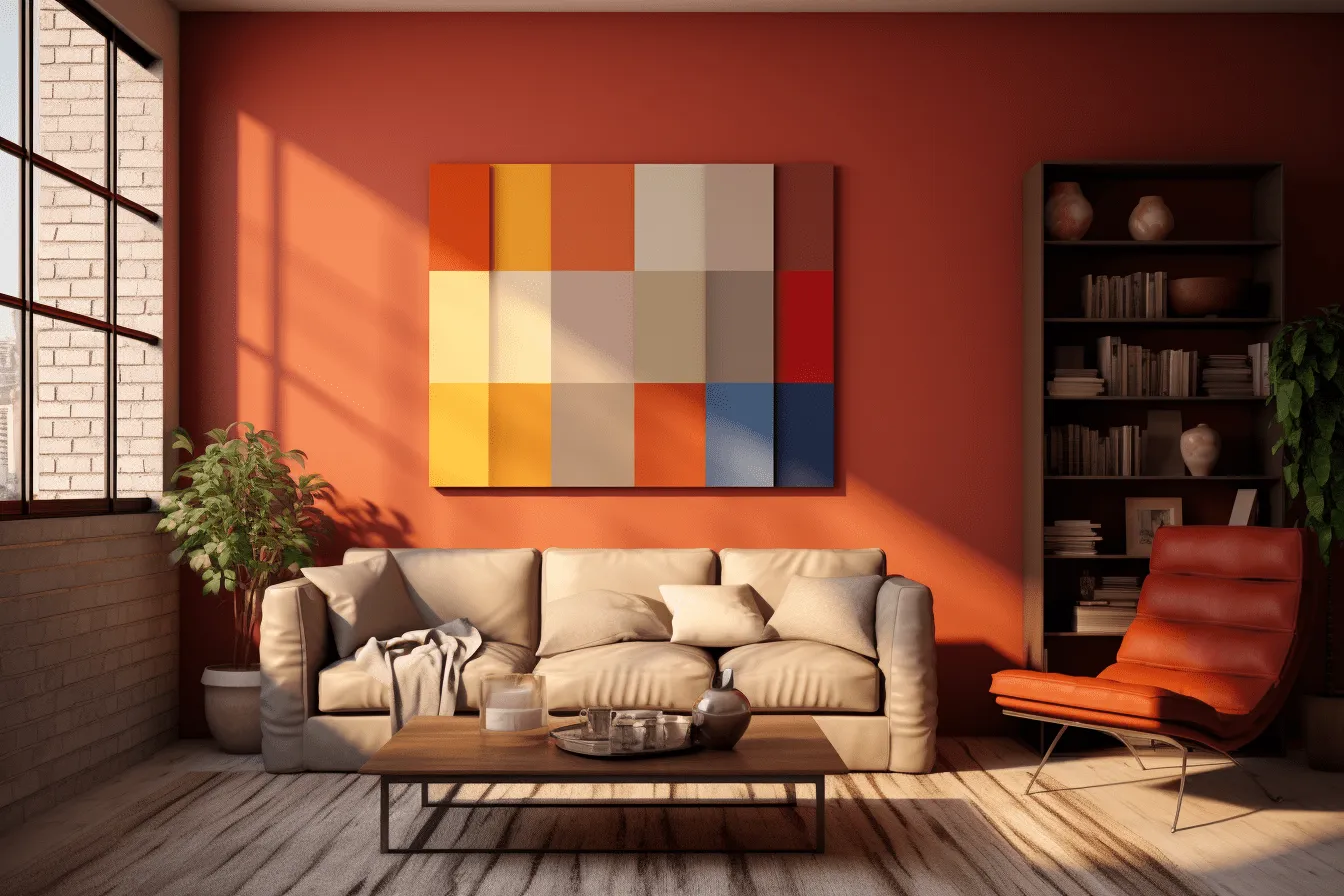 Colorful painting large enough to be seen, warm color palettes, vray tracing, dark orange and light beige, bright color blocks, solarizing master, living materials