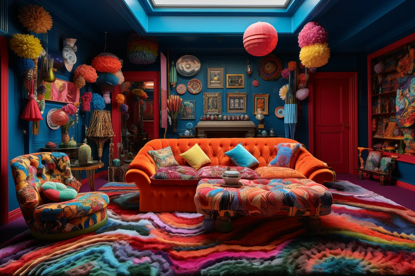 Ian's idol themed home, vibrant pop surrealism, rendered in cinema4d, contemporary use of textiles, bloomsbury group, maximalism, dark orange and azure, carpetpunk