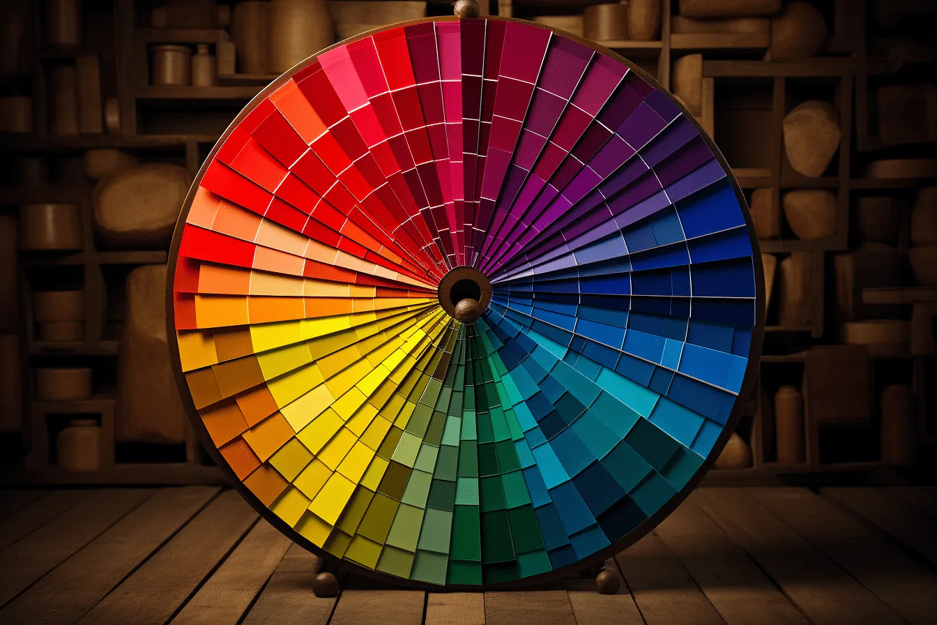 Incredibly beautiful wheel of color, vibrant color fields, realistic rendering, raw materials, realistic still lifes with dramatic lighting, traditional color scheme, bold chromaticity, staining