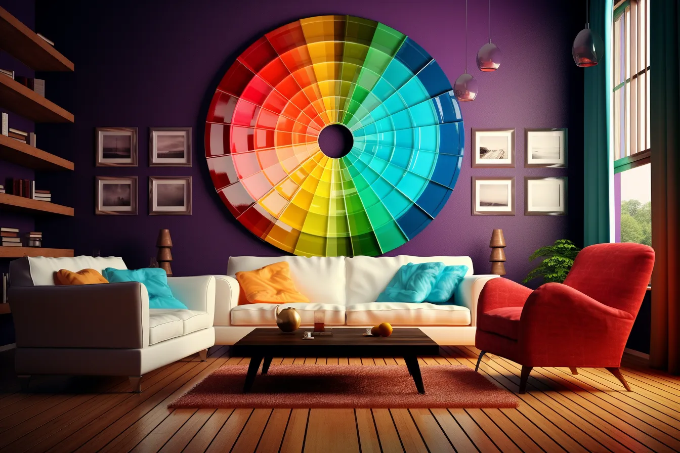 Colors of a rainbow  a room with couches, chairs and a colorful wheel, hyperrealistic rendering, dark colors, bold color choices, glossy finish, multilayered dimensions, loose paint application, subtle lighting