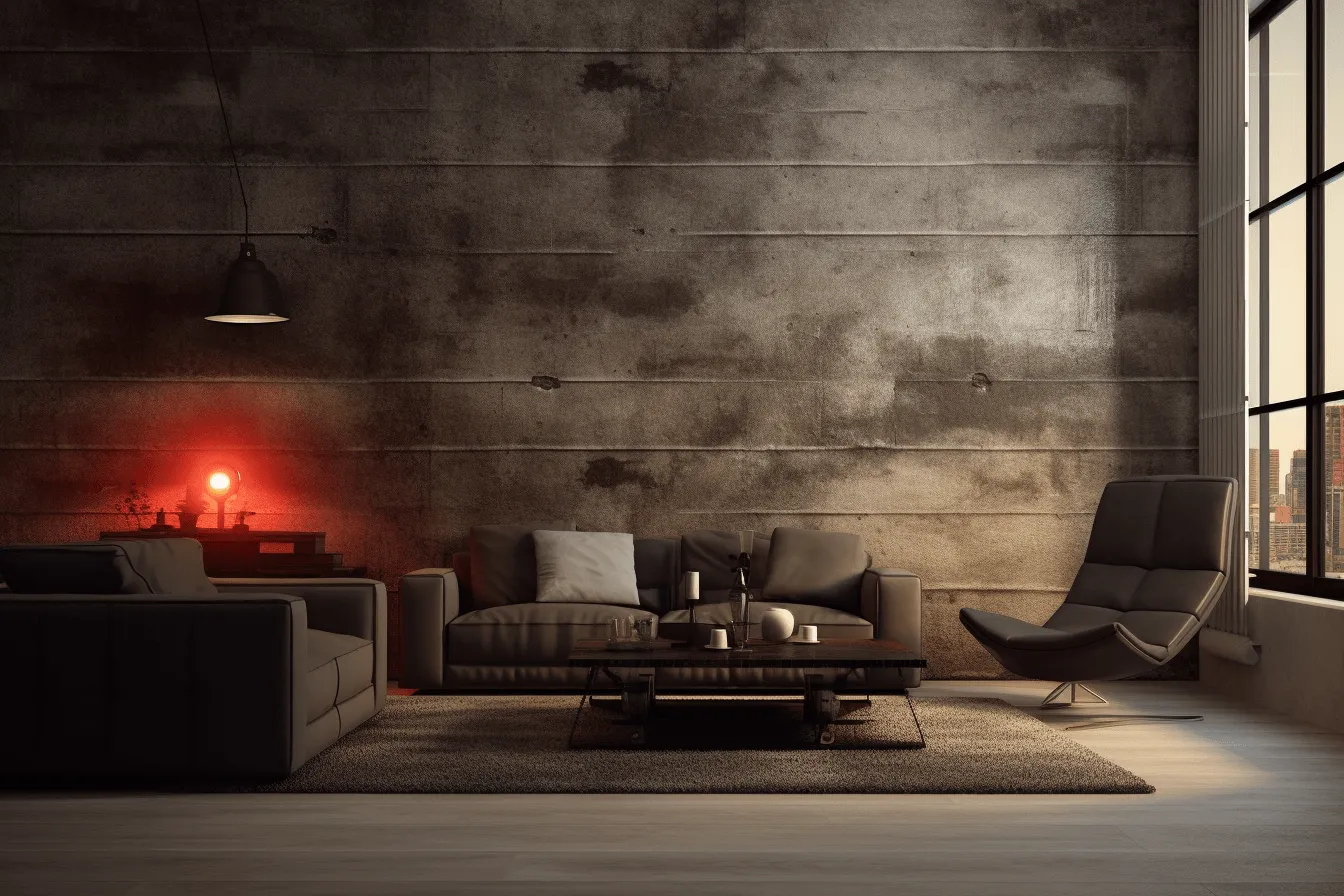 Couch and lamp in a dark room, neo-concrete, dark bronze and red, octane render, industrial-inspired, utilizes, highly textured, zen-inspired