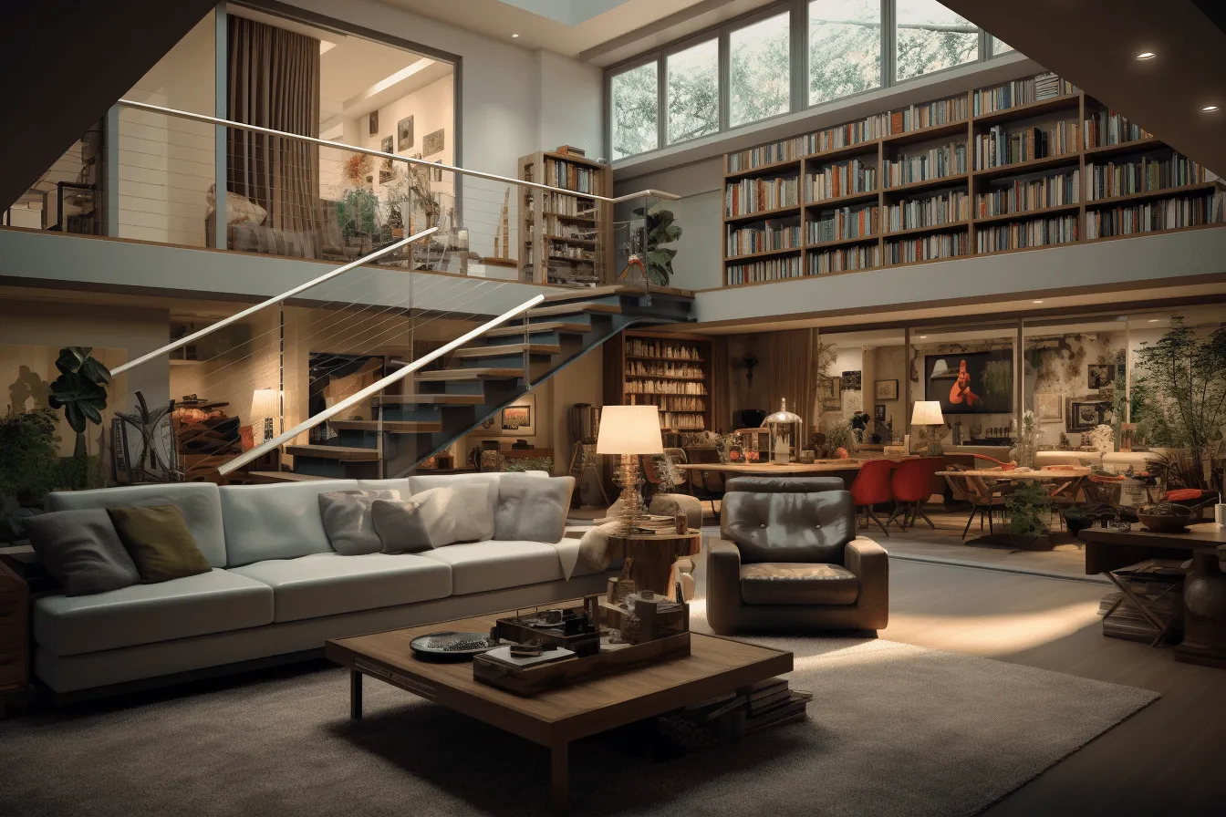 Contemporary living room with a staircase, unreal engine 5, 32k uhd, multi-layered narrative scenes, rendered in maya, realistic