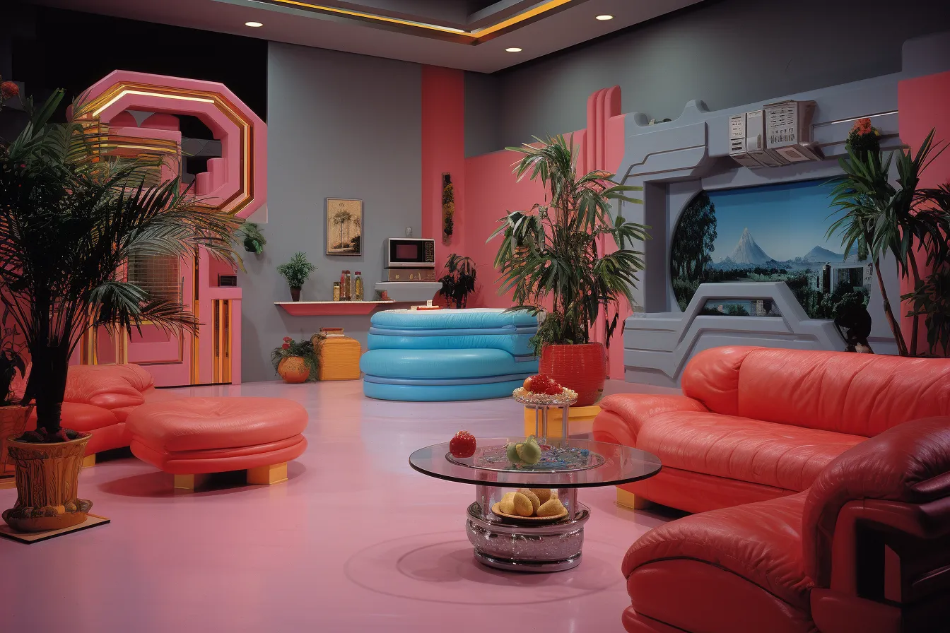 Sofa in the living room, surreal cyberpunk iconography, 1980s, realistic color schemes, salon kei, poolcore, highly staged scenes, rounded