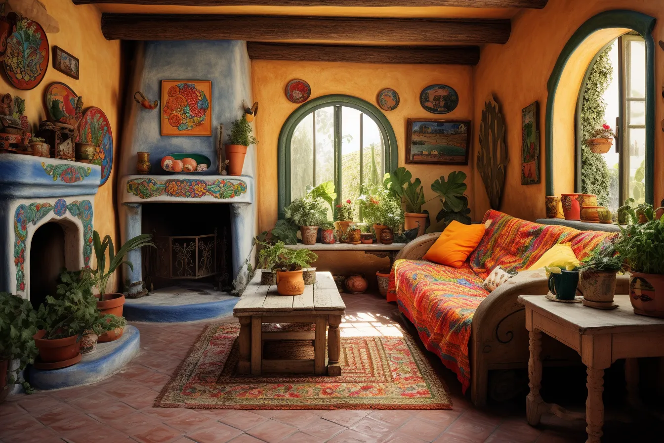 Couch is in a living room with many plants, traditional mexican style, polychrome terracotta, highly staged scenes, bright glazes, cabincore, eroded interiors, uhd image