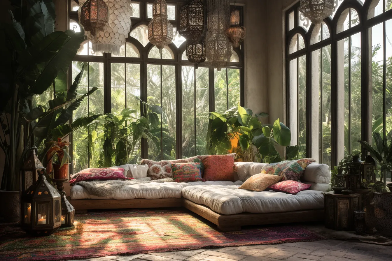 Windows and decor in the living room, orientalist landscapes, vray tracing, uhd image, mysterious jungle, outdoor scenes, 1970–present, medieval-inspired
