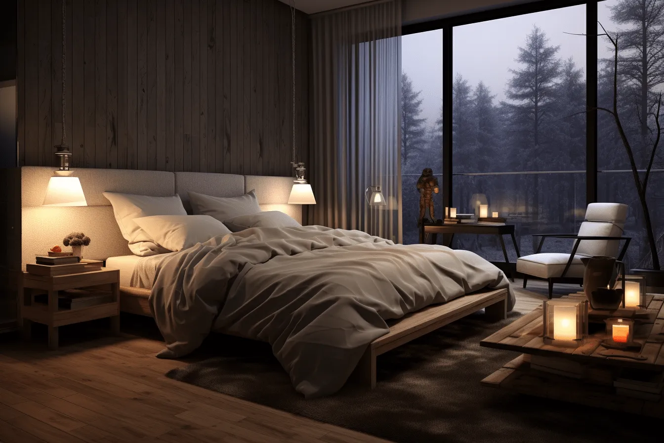 Cozy bed in a bedroom, dark, foreboding landscapes, ambient occlusion, 32k uhd, atmospheric woodland imagery, natural materials, use of screen tones, atmospheric lighting