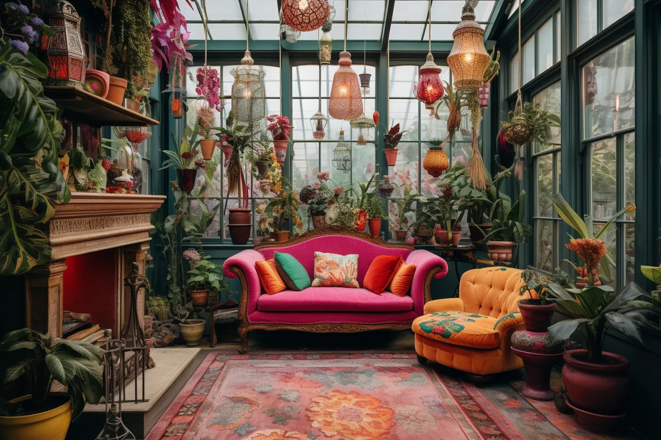 Beautiful sitting room full of colorful chairs, floral pillows, greenery and hanging lamps, dark pink and crimson, futuristic victorian, colorful gardens, urban culture exploration, spectacular backdrops, atmospheric and dreamy, retro-style