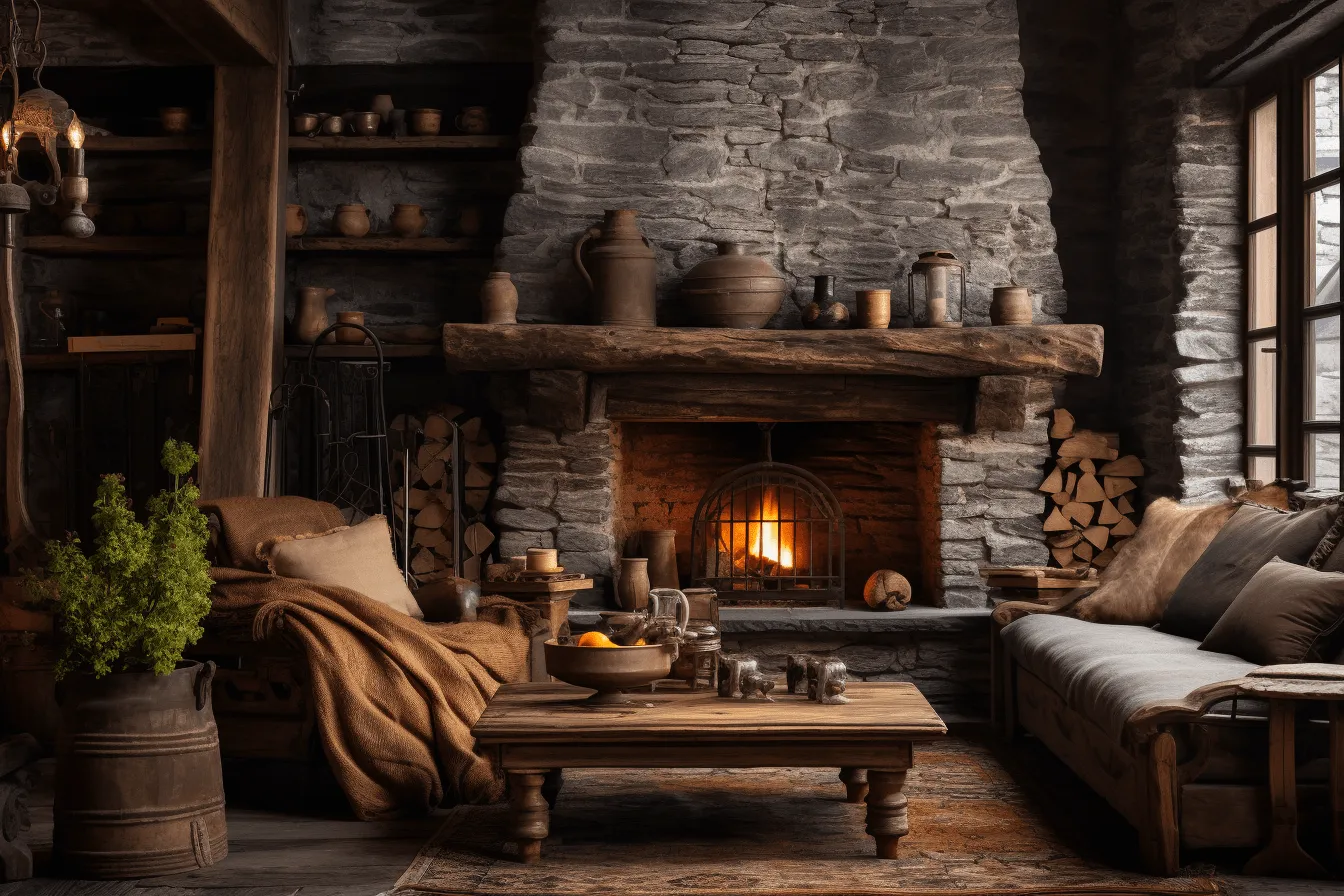 Stone fireplace in a living room, moody atmosphere, medieval-inspired, villagecore, warmcore, uhd image, primitive influences, dark amber and gray