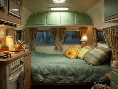 Cute Little Trailer With A Bed With Green Pillows