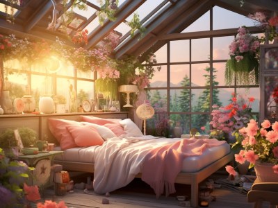 Cute Wooden Bedroom Furnished With Flowers And Plants
