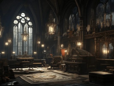 Dark And Old Church Scene With A Chandelier And Ornate Furniture