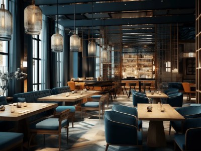 Dark Blue Interior Restaurant With Wooden Tables