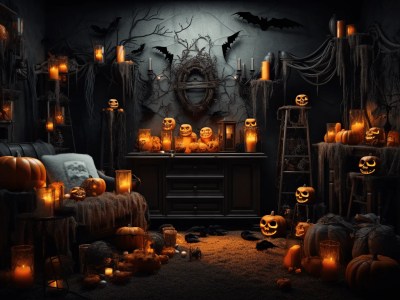 Dark, Halloween Room With Pumpkins, Candles And Halloween Decor
