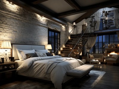 Dark Loft Bedroom Ideas With Metal Railing  3D Wallpaper