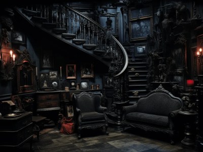 Dark Looking Room With Chairs And A Staircase