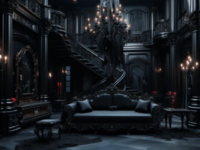 Dark, Ornate Room With Lots Of Gothic Decorations