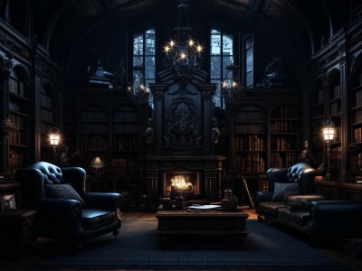 Dark Room With Furniture, Books And A Fireplace