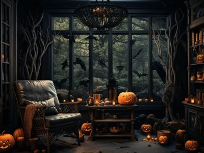 Dark Room With Pumpkins And Other Decorations Around