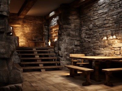 Dark Stone Wall With A Wooden Wall Mounted Table And Chairs