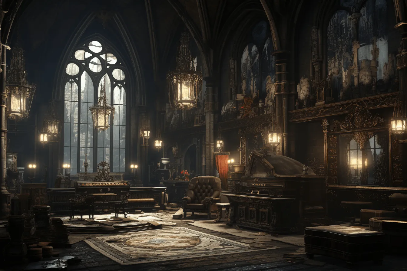 Dark and old church scene with a chandelier and ornate furniture, cryengine, grey academia, i can't believe how beautiful this is, majestic ports, gothic architecture, warm tonal range, rich and immersive