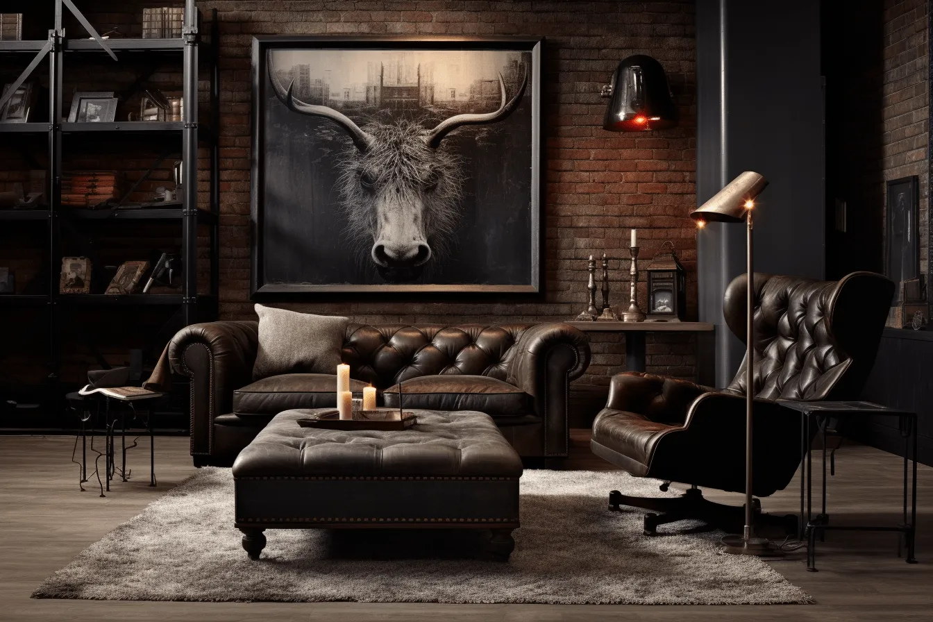 Dark, black, industrial living room, vignetting, distinct stylistic range