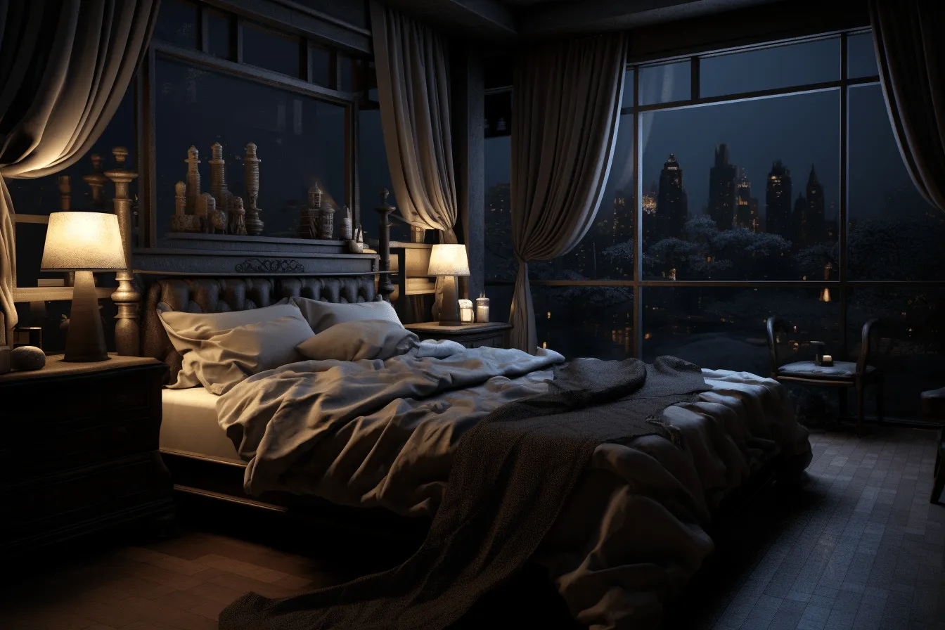 Bed with curtains, photorealistic cityscapes, ray tracing, darkly romantic, cryengine, rich and tonal, uhd image, eerily realistic