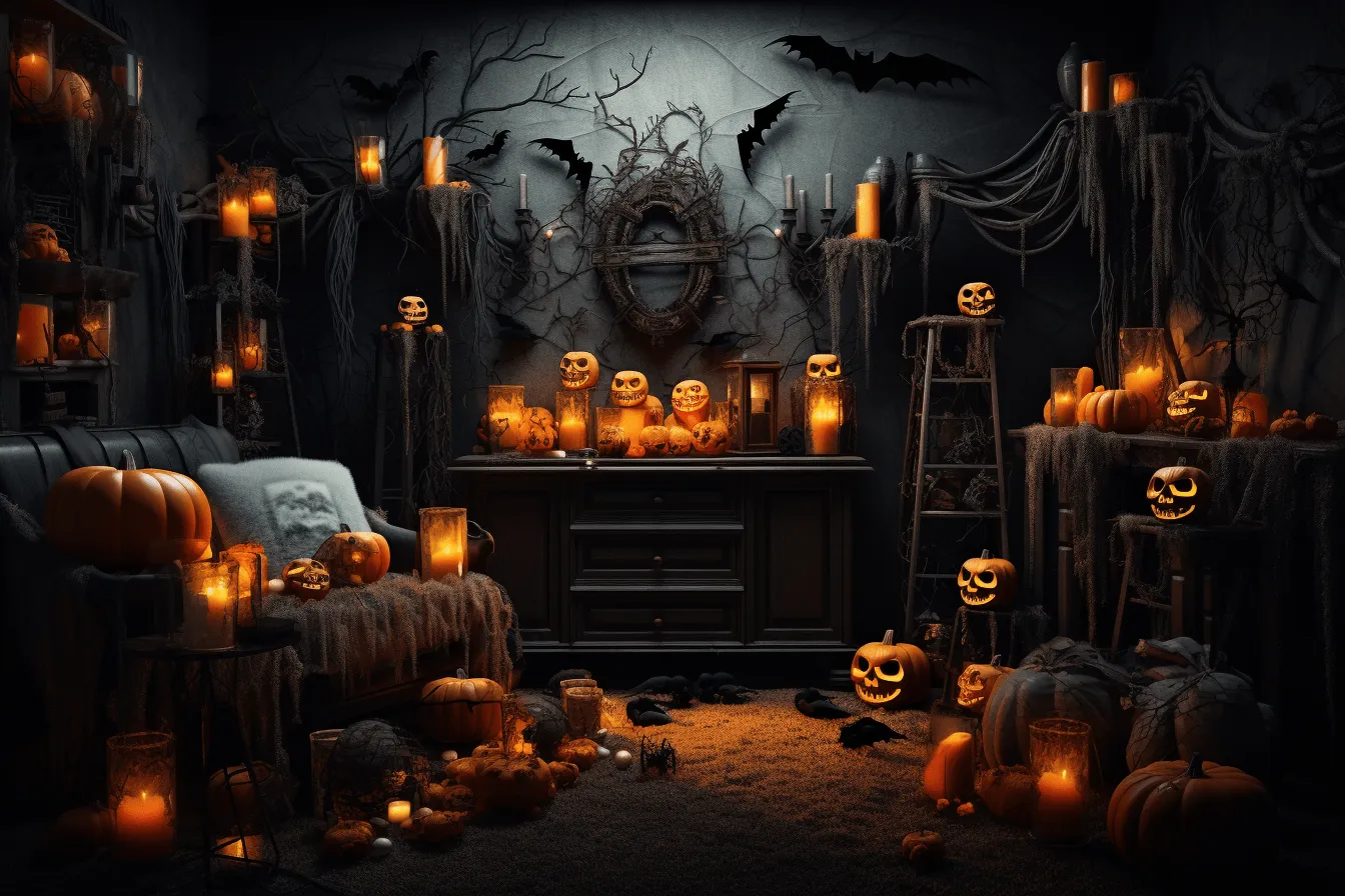 Dark room has halloween decorations all around it, realistic hyper-detailed rendering, dark orange and light amber, soft and dreamy atmosphere, yankeecore, highly realistic, romantic themes, highly detailed
