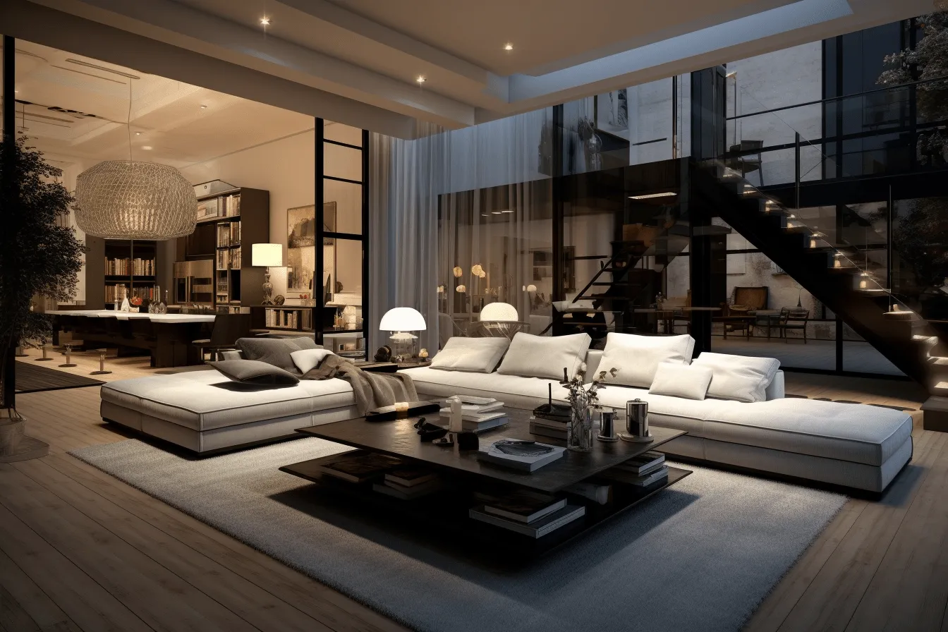 Living room with white couches and light fixtures, realistic chiaroscuro, multilayered, 8k resolution, dark black and beige, candid atmosphere, luminous reflections, glazed surfaces