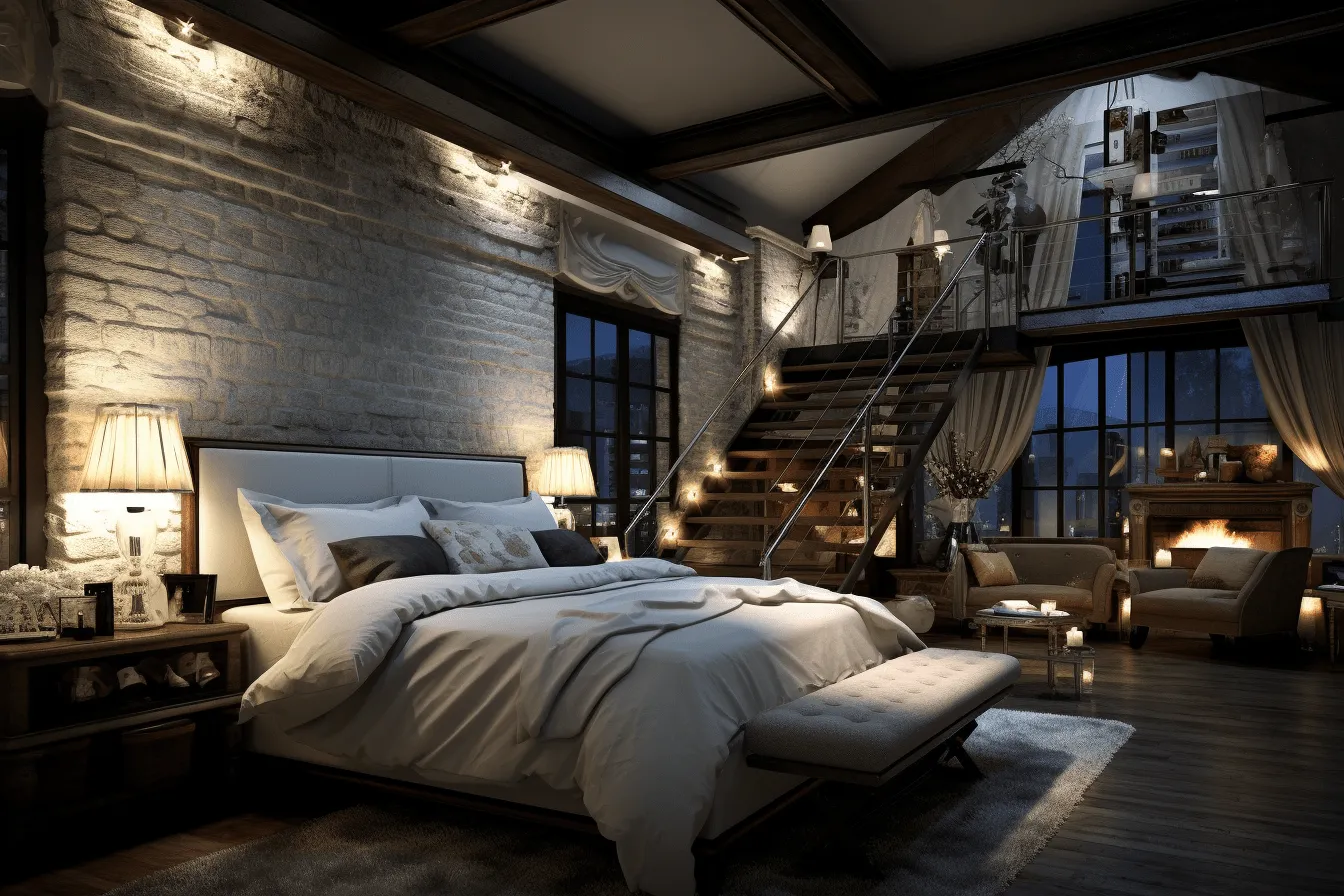 Beautiful bedroom with a huge bed and high steps, industrial themes, dramatic lighting effects, meticulously detailed, cottagecore, industrial angles, realistic detail, volumetric lighting