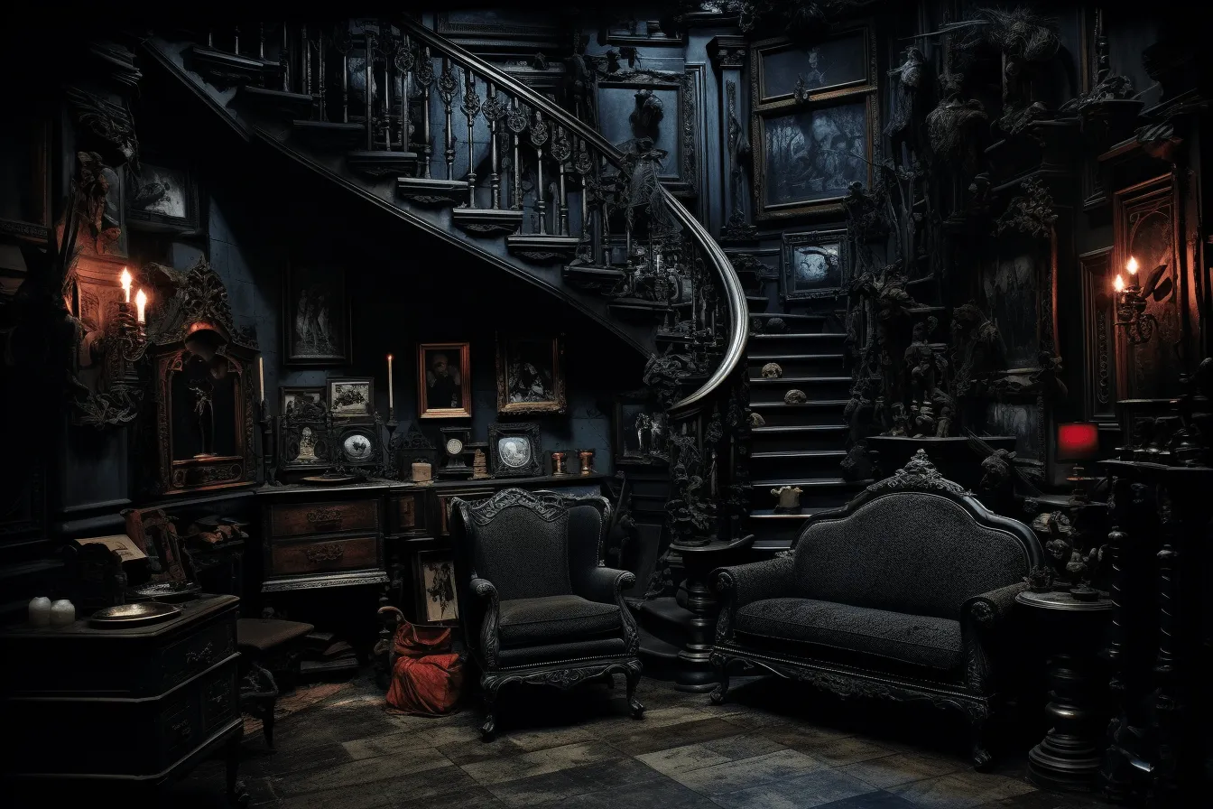 Black and ornate room with a staircase in the center, detailed and macabre, bold contrast and textural play, eerily realistic, dusty piles, realistic color schemes, hyper-realistic sculptures, halloween