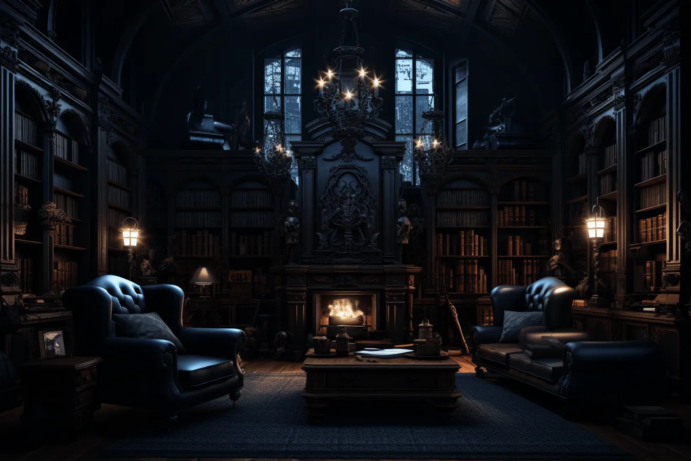 Rooms ceiling is dark, realistic hyper-detailed rendering, gothic dark and moody tones, 8k resolution, bibliopunk, ultra realistic, eerily realistic, meticulously detailed